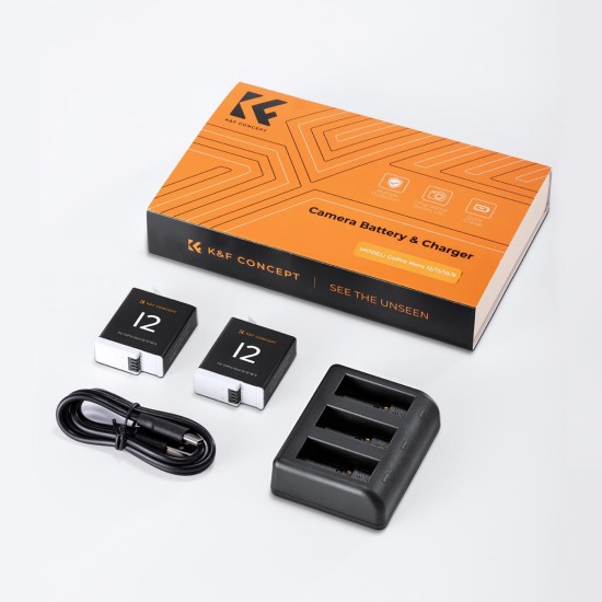 K&F Concept Gopro Hero 12/11/10/9  pack -2 battery + Triple charger